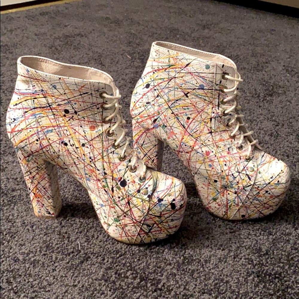 Paint splatter white Jeffrey Campbell LITA boots.